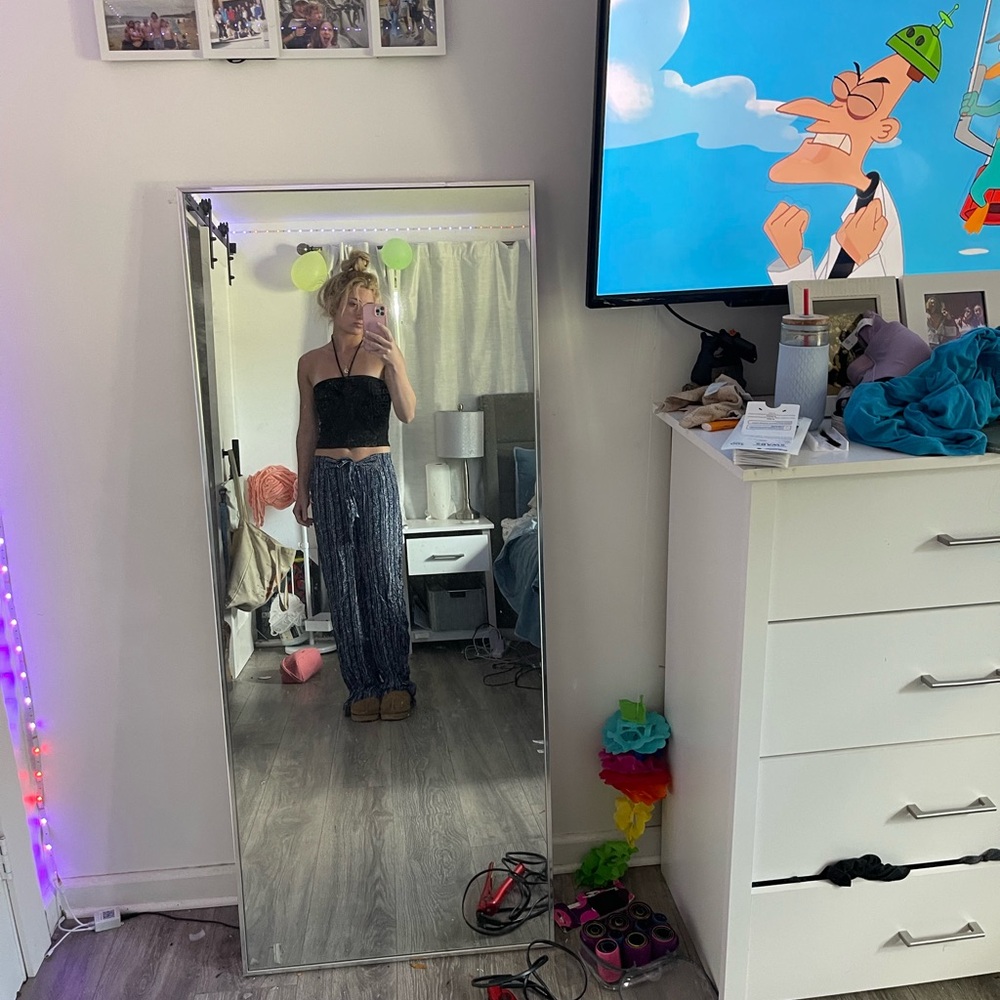 Black Crop Top and Blue Patterned Pants